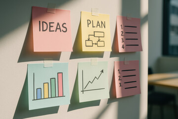 Colorful sticky notes displaying ideas, business planning, task list, flowchart, and growth graphs on office wall in sunlight