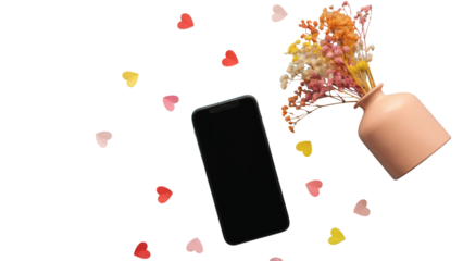 Modern smartphone with hearts and flowers, perfect for Valentine's Day promotions and romantic messages