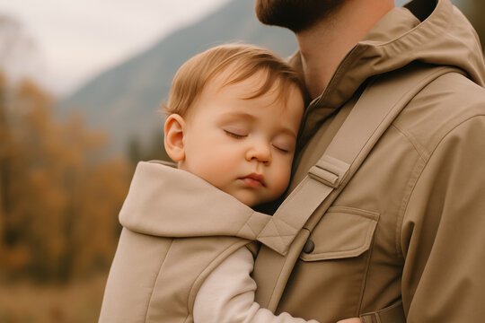 Peaceful toddler sleeping in carrier against parent's chest outdoors, father bonding with child during autumn nature walk
