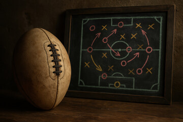Vintage rugby ball beside strategy chalkboard, tactical diagram with colorful lines and arrows, classic sports planning concept