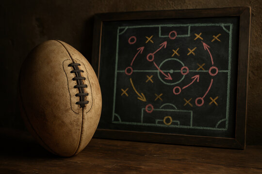 Vintage rugby ball beside strategy chalkboard, tactical diagram with colorful lines and arrows, classic sports planning concept