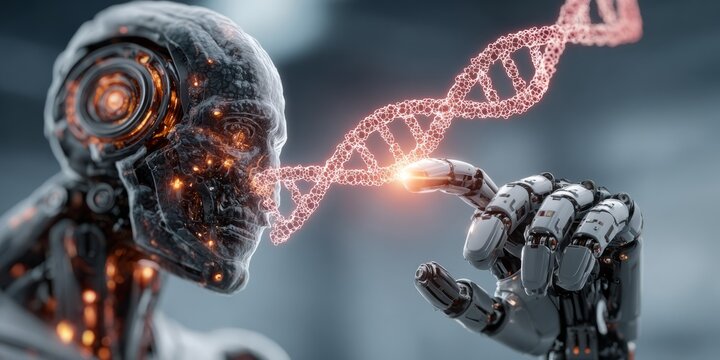 Cyborg analyzing glowing DNA strand, representing the fusion of artificial intelligence in futuristic biotechnology
