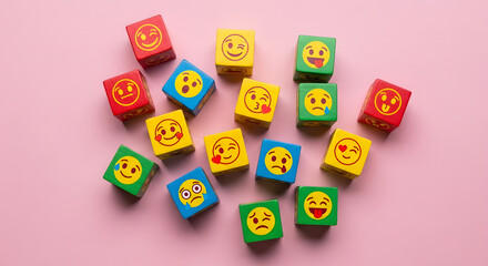 Group of Colourful Smiling Emoticon Diversity Face on Multi-colour Cube. Mind Mental Health. Happy Community. World Happiness, International Smiling Day. Table Top View