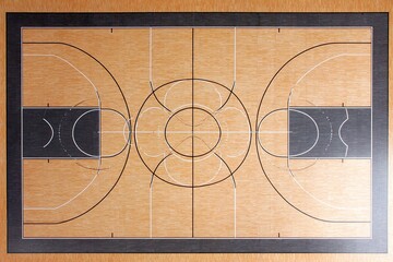 Overhead view of a basketball court.  Dark lines mark the free throw lanes, hoops, and court divisions.  Light-brown wood-grain flooring