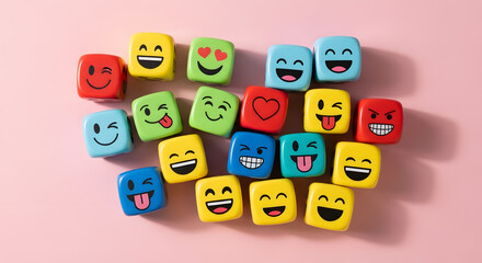 Group of Colourful Smiling Emoticon Diversity Face on Multi-colour Cube. Mind Mental Health. Happy Community. World Happiness, International Smiling Day. Table Top View