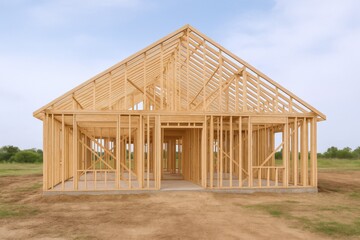 New Home Construction Framing with Sky Background, Unfinished Residential Building, House Frame