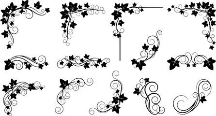 Black & White Ivy Vine Vector Graphics: Corner Design Elements, Floral Swirls, Decorative Plant Illustrations for Scrapbooking & Crafts