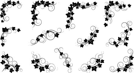 Black & White Ivy Vine Vector Graphics: Corner Design Elements, Floral Swirls, Decorative Plant Illustrations for Scrapbooking & Crafts