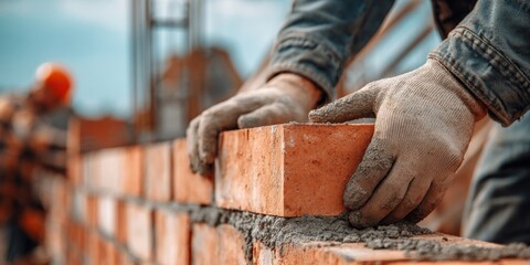Close-up of bricklayer building wall with bricks and mortar, constructing house with professional work