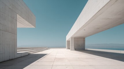 Modern Minimalist Architecture with Concrete Structures, Clear Blue Sky, and Ocean View Background for Construction and Design