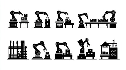 Silhouette vector graphic of factory robotic arms working in different manufacturing scenarios
