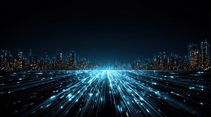 Futuristic Cityscape with Data Streams: High-Speed Technology and Network Communication in Digital Metropolis