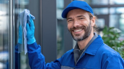 Smiling professional cleaner wiping glass window with cloth, wearing blue uniform and gloves outside building