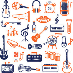 Assortment of Music Equipment and Symbols in Blue and Orange Doodle Style instrument guitar