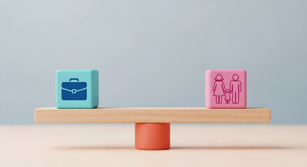 Blocks with work and family icons balanced on seesaw, symbolizing work life balance, prioritizing well-being between career and personal life