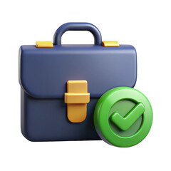 Modern 3d rendered blue briefcase with yellow accents and a green checkmark icon isolated on transparent background