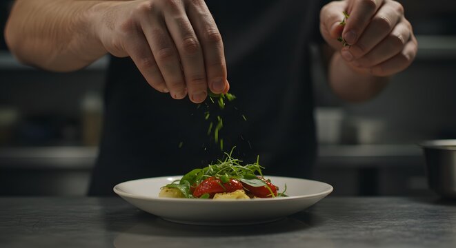 chef’s hands delicately sprinkling  herbs 