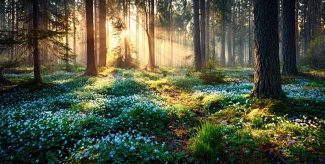Sunlight streams through a misty forest floor blanketed in tiny blue flowers
