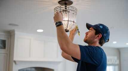 Electrician Installing a Modern Ceiling Light Fixture in a Home, Professional Service and Maintenance