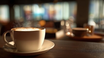 Steaming Coffee Cup on Table in Cafe Environment, Blurred Background for Relaxing, Social, or Business Themes