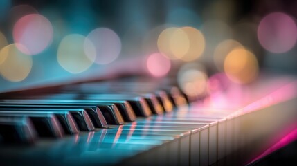 Piano Keyboard Close-Up with Bokeh Lights: Musical Instrument, Performance, Entertainment, and Creative Arts