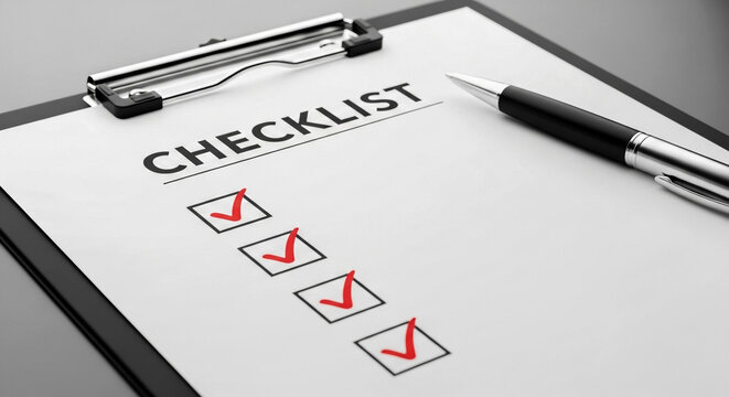 A close-up view of a clipboard with a checklist Four items are marked with red checkmarks indicating completion A pen rests nearby ready for further use