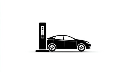 Silhouette of an electric car charging at a station against a bright white background
