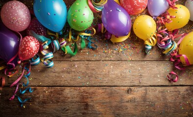 Colorful balloons and streamers on rustic wooden planks