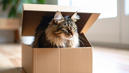 Fototapeta premium Fluffy cat sits inside cardboard box, peering out with curiosity. warm, natural light highlights its fur and cozy indoor setting, creating playful and inviting atmosphere