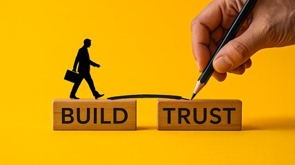 Wooden blocks with build trust message and hand drawing bridge