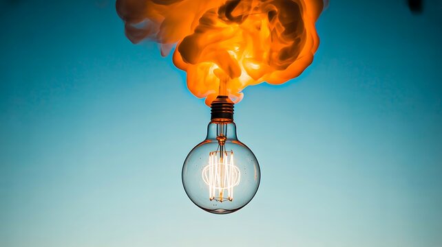 Light bulb with smoke and glowing filament on blue background