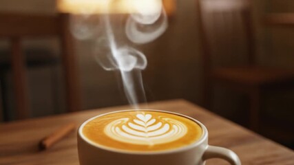 Delicious coffee latte art steam on wooden table warm aesthetic morning routine beverage