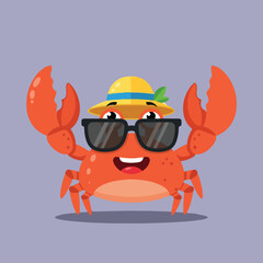 A cartoon illustration depicts a vibrant orange crab, donning sunglasses and a straw hat with a green leaf accent, set against a light purple background.