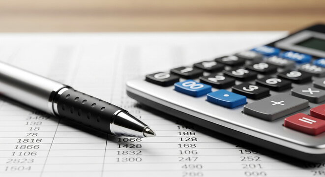 A detailed shot showcases a sleek silver pen positioned on a sheet of paper filled with financial figures Adjacent to it a calculator with colorful buttons sits ready for calculations