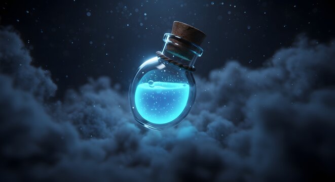 Mystical glowing elixir in glass vial suspended in ethereal clouds, magical fantasy concept