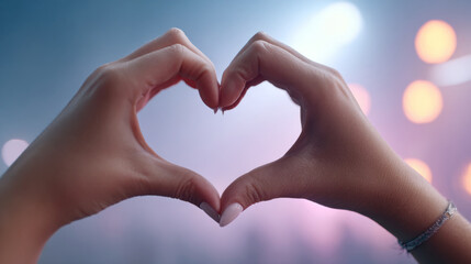 Obraz premium Romantic gesture: heart shape drawn with hands against a foggy disco light background