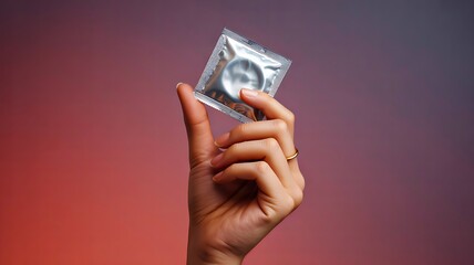 Hand holding condom in packet for safe sex and protection concept