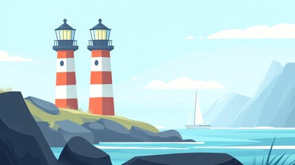 Twin lighthouses stand tall on a rocky coast, guiding a lone sailboat across a tranquil ocean under a serene sky.