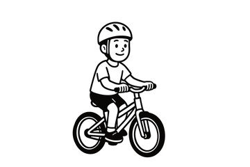 Naklejka premium Ilustrasi vektor hitam putih anak bersepeda dengan helm