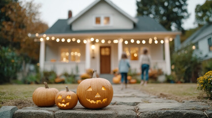 Cozy suburban halloween evening with lit pumpkins and festive lights