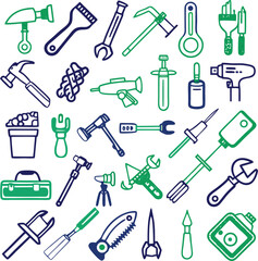 Obraz premium Collection of Hand Drawn Tools and Implements in Blue and Green Outline wrench hammer