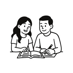 Ilustrasi vektor hitam putih dua orang belajar bersama di meja