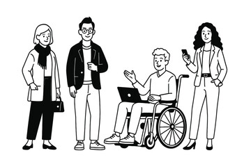 Diverse group of business people and professionals standing and sitting, black and white illustration.