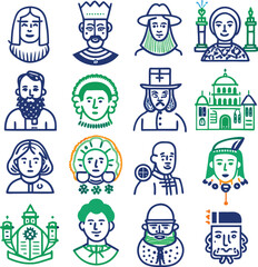 Collection of Historical Figures and Buildings in Stylized Line Art people portraits