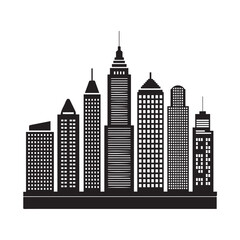 Fototapeta premium black skyline vector featuring tall buildings and skyscrapers in cityscape silhouette style on white background