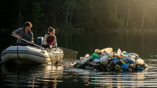 Two volunteers in a boat collecting plastic pollution from a lake. Environmental cleanup of water contamination.