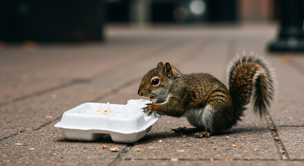 Squirrel eating from a discarded styrofoam container on a city sidewalk. Urban wildlife and pollution.
