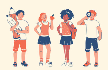 Fototapeta premium Flat style design with pupils: boys holding giant pencils, student with loupe and girls with school supplies, symbolizing collaborative learning. Isolated vector characters