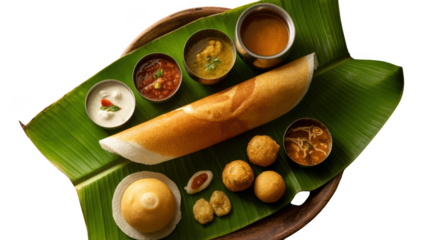 Delicious south indian masala dosa served with various chutneys and sambar isolated on transparent background