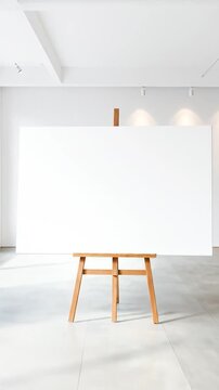 Empty White Canvas on Wooden Easel in Bright Art Studio Minimalist Interior Space with Concrete Flooring and White Walls